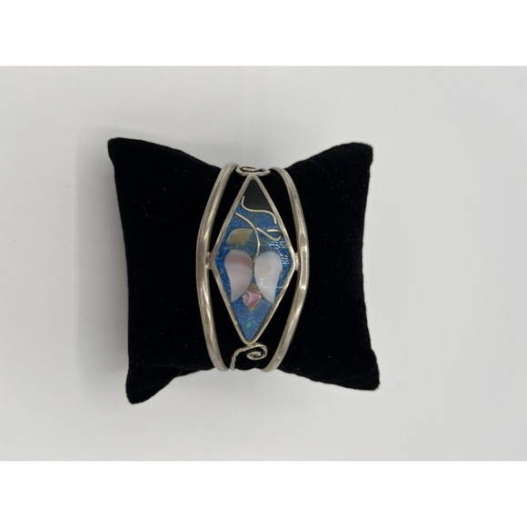 alpaca Jewelry - Vintage Alpaca Mexico Silver Tone Abalone Shell Flower Inlay Cuff Bracelet